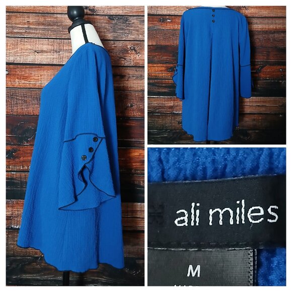 Ali Miles Tunic Top Size M Boho Bell Sleeve Textured Royal Blue Button Accents - Picture 1 of 8